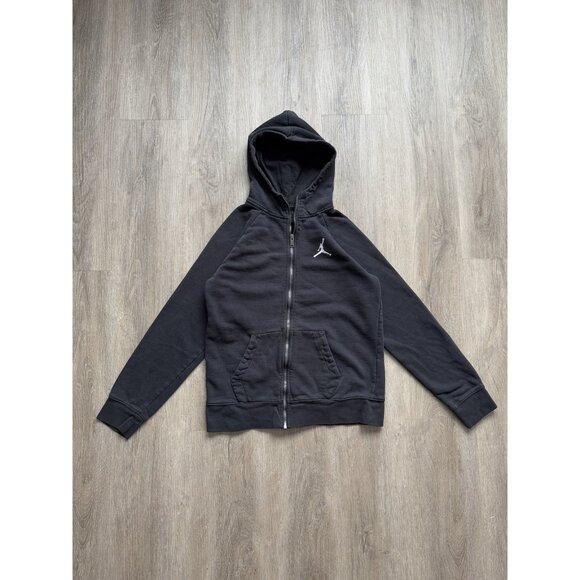Rare Vintage Y2K Air Jordan Brand Nike Swoosh Full Zip Black Hoodie XL Kids - Picture 1 of 8